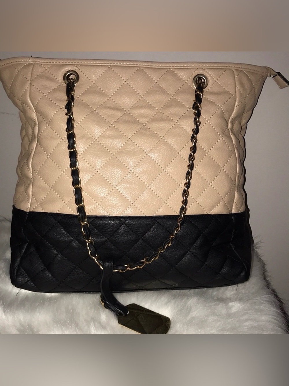 Call It Spring Quilted Two-Tone Beige and Black Shoulder Bag